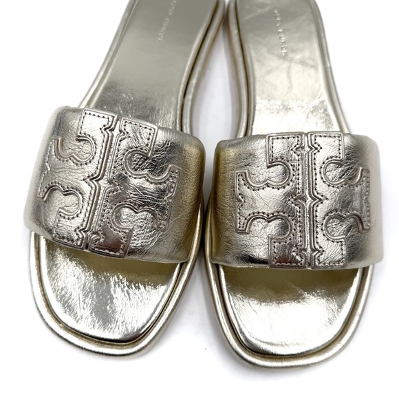 Tory Burch Double T Sport Slides Metallic Gold Leather Sandals Women's Sz 8.5 - Picture 4 of 11
